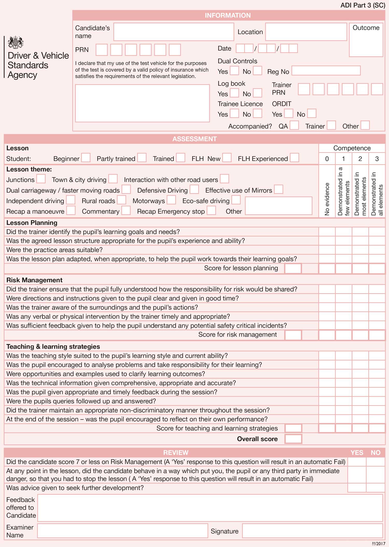 DVSA ADI Part 3 test marking sheet showing the 17 competencies